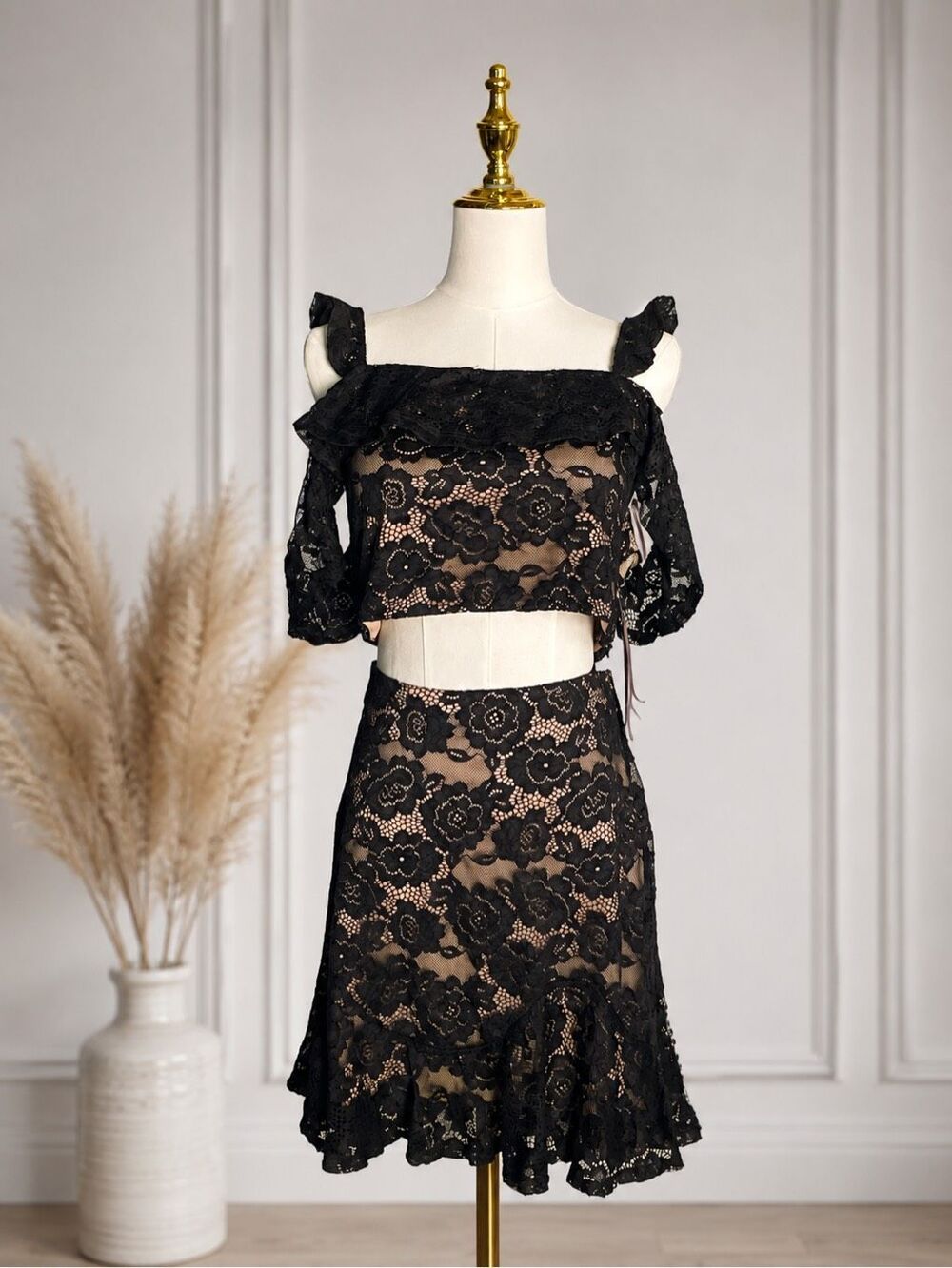 NWT Jodi Kristopher Size 15 Black Floral Lace 2 Piece Crop Top Skirt Set Y2K